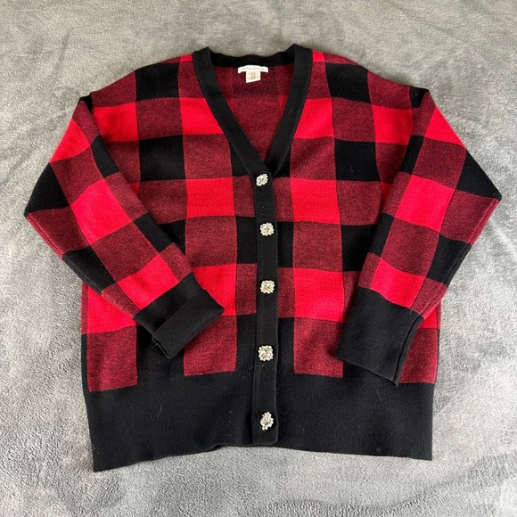 Tommy Bahama Sweaters - Tommy Bahama Womens Red Black Buffalo Plaid Rhinestone Button Cardigan Sweater M